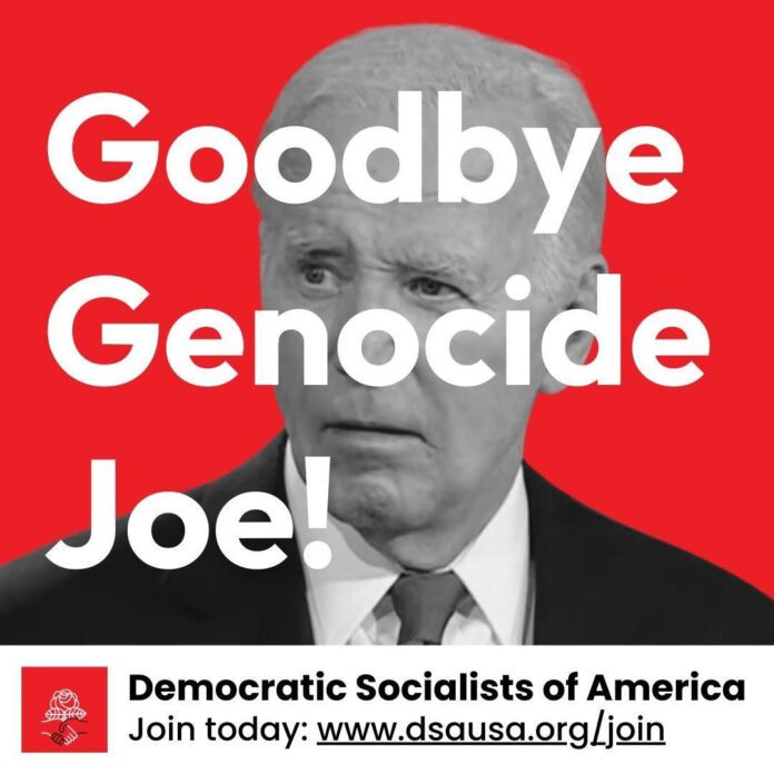 Cartaz da DSA com os dizeres Adeus Genocida Joe!